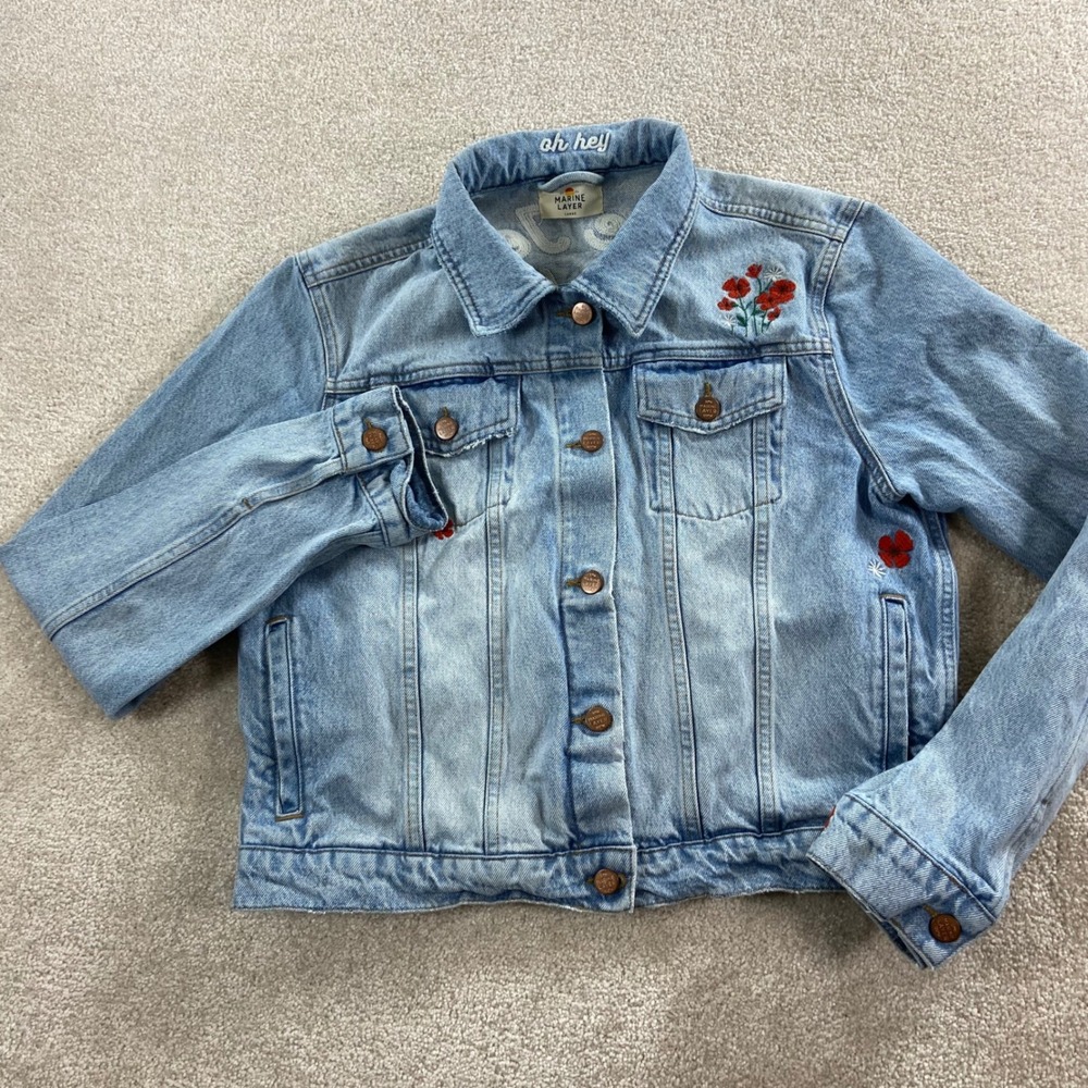 Marine Layer Denim Jacket Women Large Blue Floral Blue Jean Baby Embroidered - Picture 2 of 15